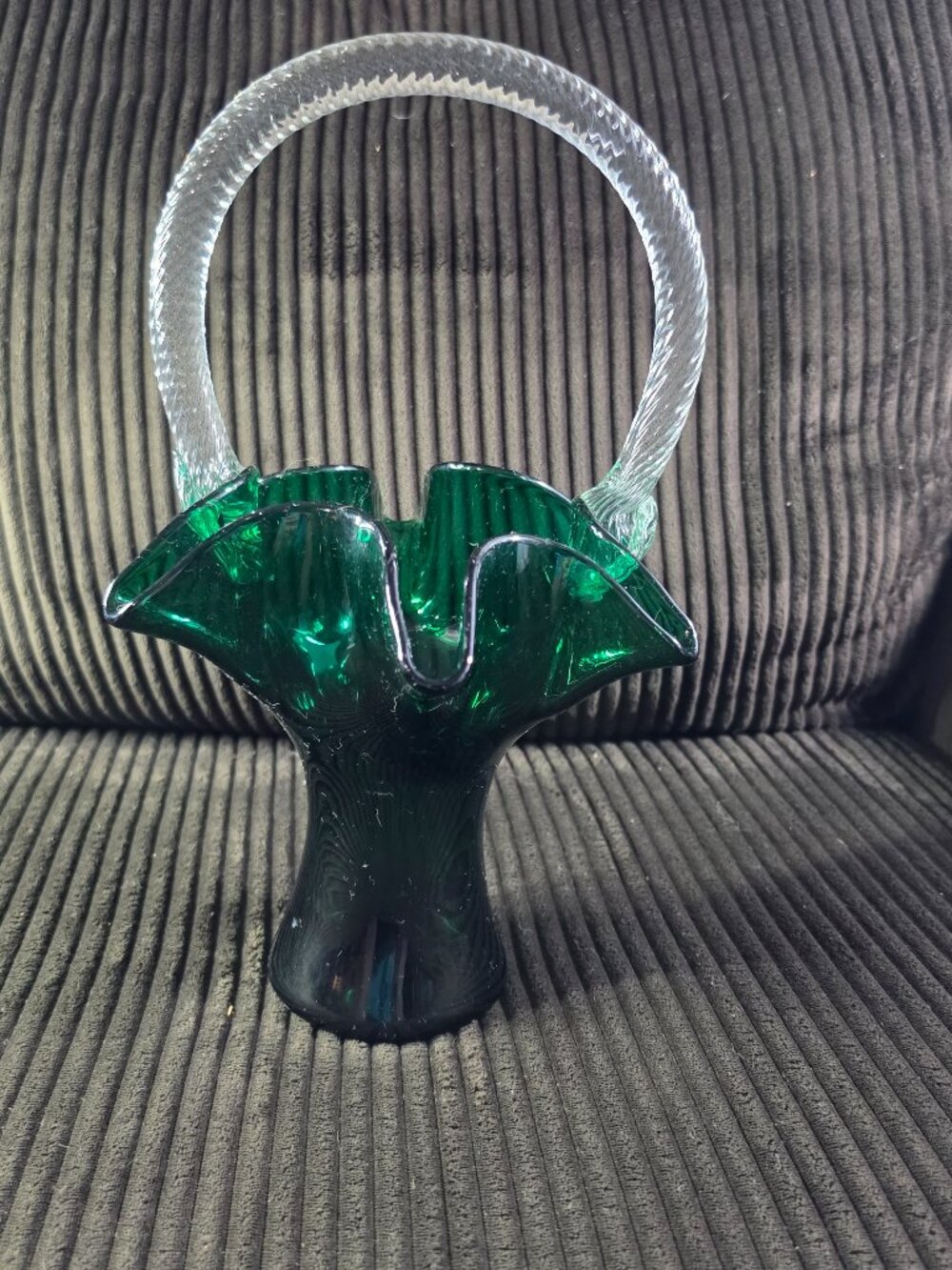 Vintage Large 13"Morgantown Glass Basket Stiegel Green Clear Twisted Handle#4357